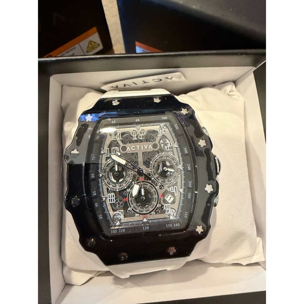 Activa Mens Tonneau Skeleton Chronograph Watch Black Bezel White Silicone Strap